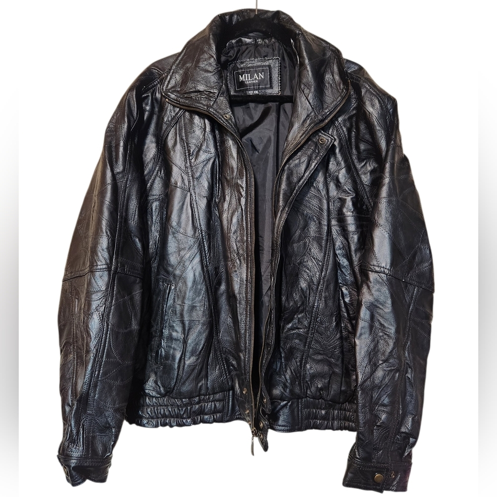 Vintage Milan Black Leather Patchwork Jacket Size XXL